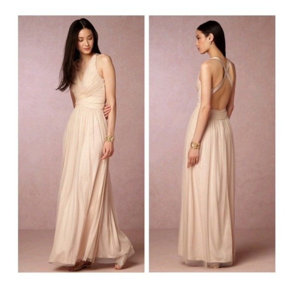 Hitherto Anthropologie BHLDN Gown Womens 4 Beige Tulle Open Back Maxi Dress